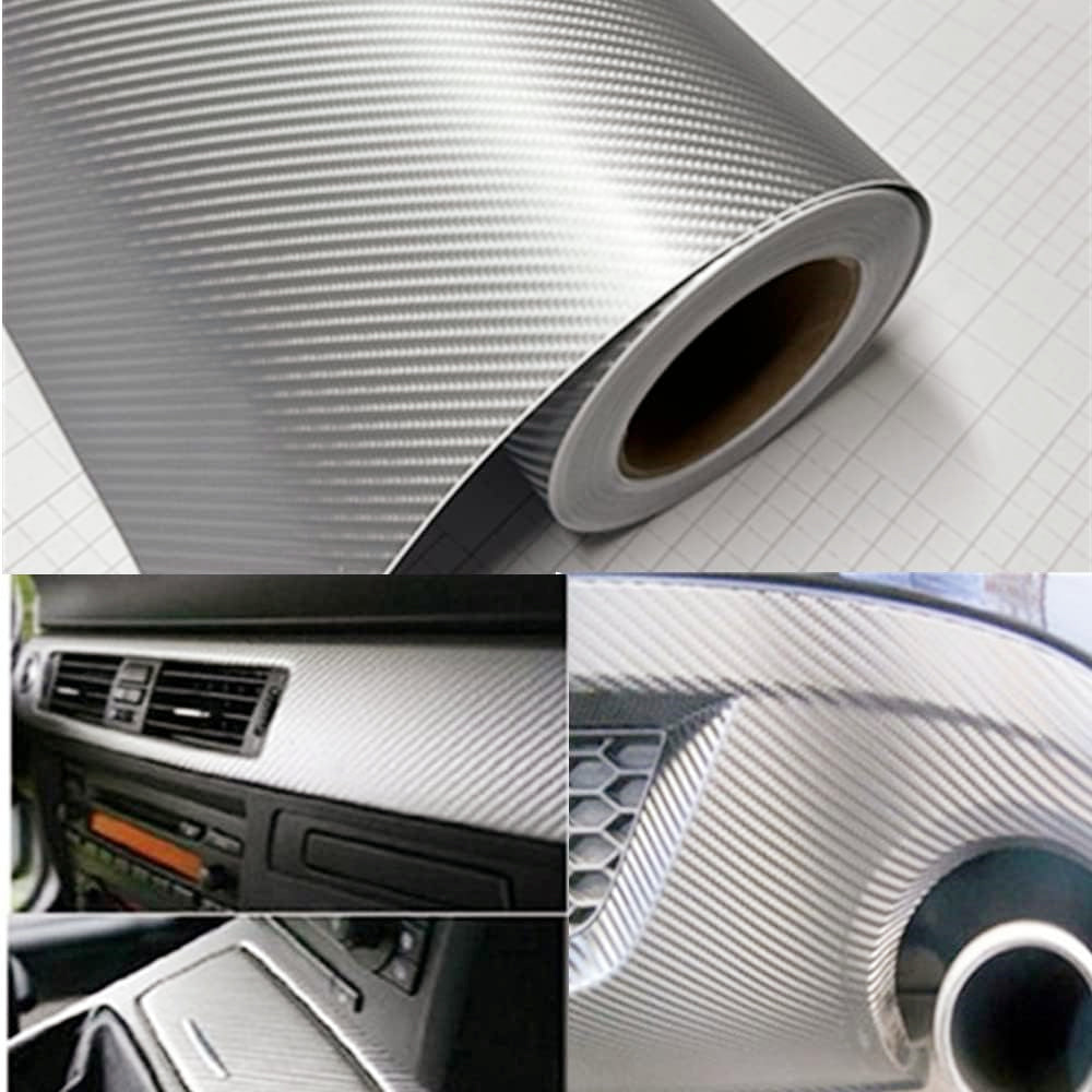 DIYAH 4D Silver Carbon Fiber Vinyl Wrap – Air Release Bubble-Free Film Roll + Free Hand Tool