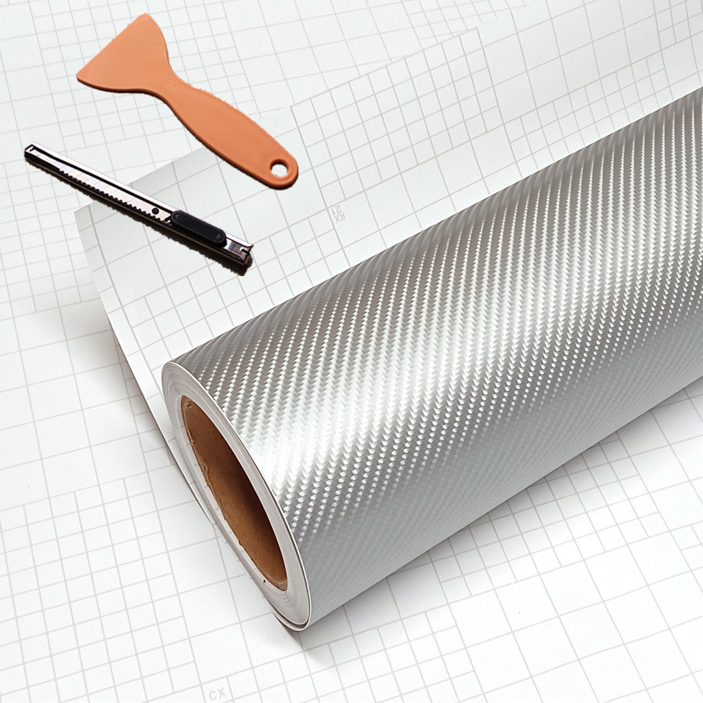 DIYAH 4D Silver Carbon Fiber Vinyl Wrap – Air Release Bubble-Free Film Roll + Free Hand Tool